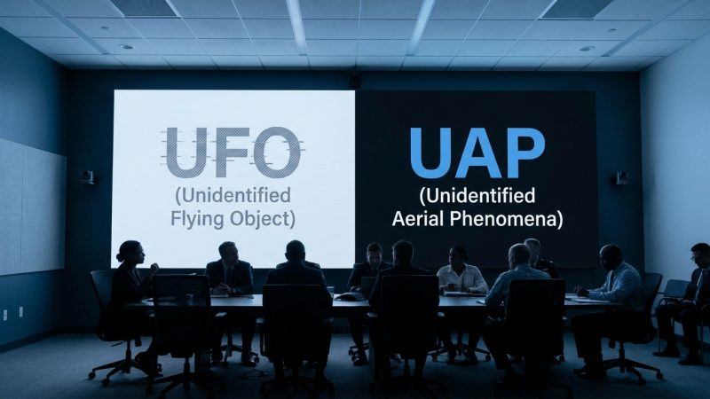 UFO 파일 공개 관련, UFO/UAP 정의 화면 앞 회의실의 전문가들