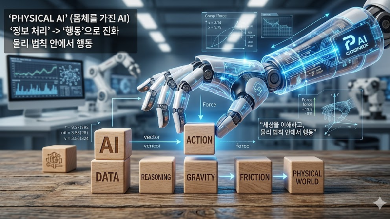 피지컬 AI 시대: 로봇 팔이 물리 법칙 아래 데이터 처리, 행동 진화를 블록으로 설명함.