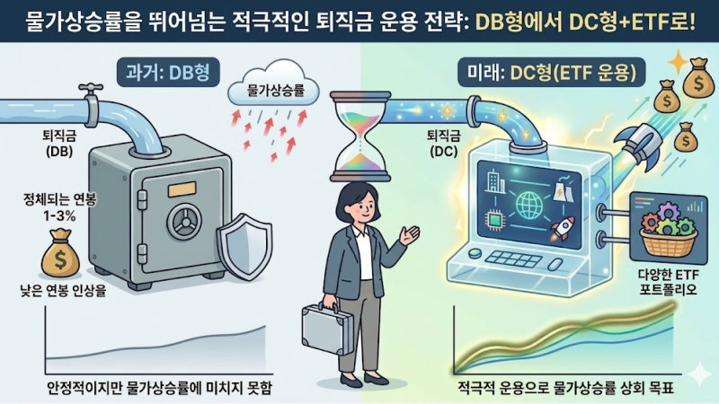 40대 직장인의 퇴직연금, DB형이 물가상승률에 미치지 못하고 DC형 ETF 운용으로 물가상승률을 뛰어넘는 전략.